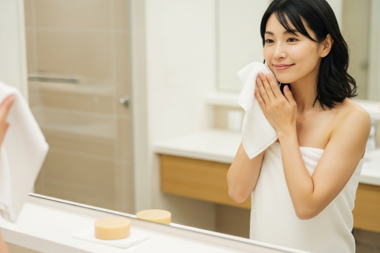 洗顔後の潤った肌を確認する女性