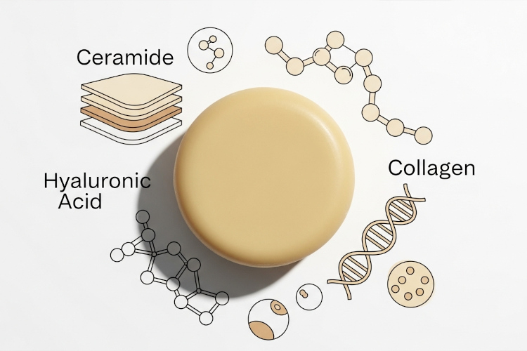 乾燥肌向け洗顔石鹸に配合された保湿成分のイラスト