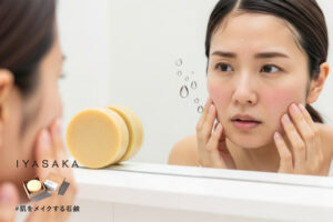 洗顔後のつっぱりに悩む乾燥肌の女性と保湿石鹸