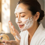 秋の洗顔シーン:女性が泡で洗顔し、手には#肌をメイクする石鹸を持つ