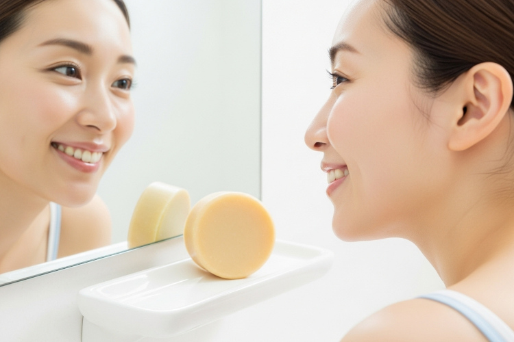 スキンケア後の日本人女性:鏡を見ながら笑顔で、背景に#肌をメイクする石鹸