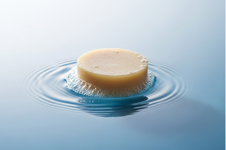 水に浮かぶ丸い洗顔石鹸ときめ細かい泡