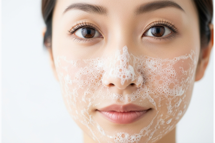 泡で毛穴を優しく洗顔する女性