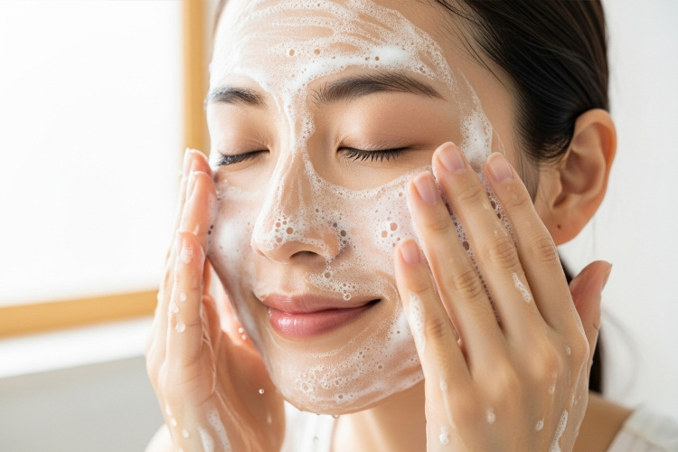 泡で毛穴汚れを落とす女性