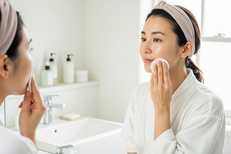 洗顔後に化粧水をつける女性