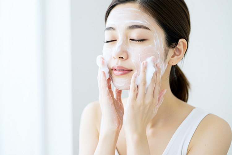 濃密な泡で洗顔する女性。リラックスした表情