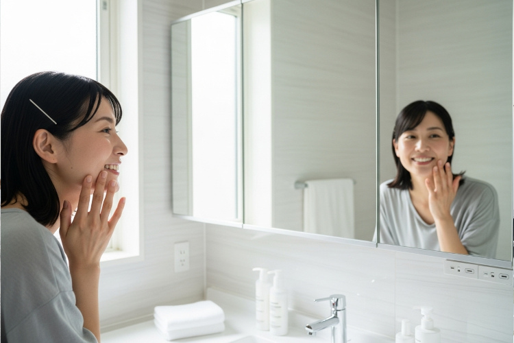 洗顔後の肌を確認して笑顔の女性