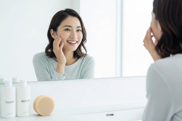 鏡を見ながら笑顔で肌を触る女性と#肌をメイクする石鹸