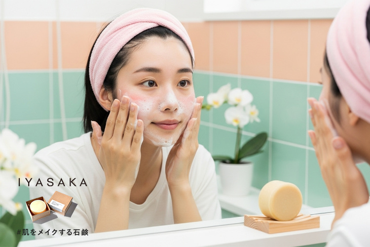 敏感肌の女性が泡洗顔しているシーン。