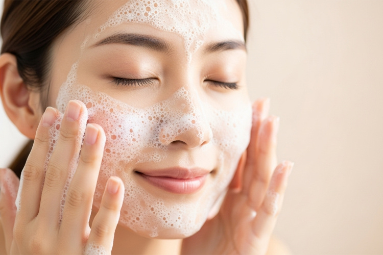 泡で優しく洗顔している女性。