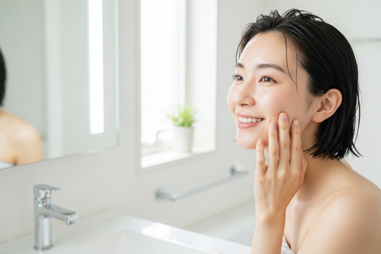 洗顔後の肌を触っている笑顔の女性。
