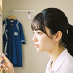 思春期ニキビに悩むティーン女子が鏡を見る様子