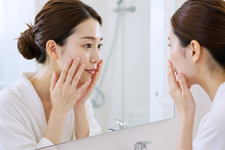 洗顔後の肌を鏡で確認する女性。肌がしっとりしている。