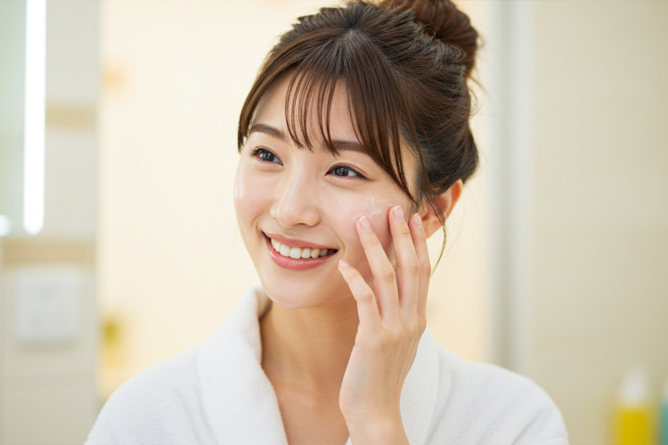 洗顔後の潤い肌に満足する日本人女性