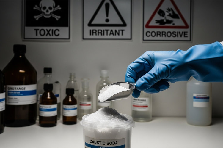 手袋をした手がカ性ソーダを扱っている。背景に警告マークと化学薬品のボトル。