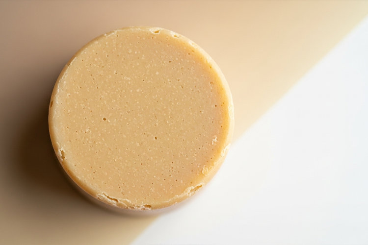 #肌をメイクする石鹸のクローズアップ。ベージュがかった黄色の丸い石鹸。