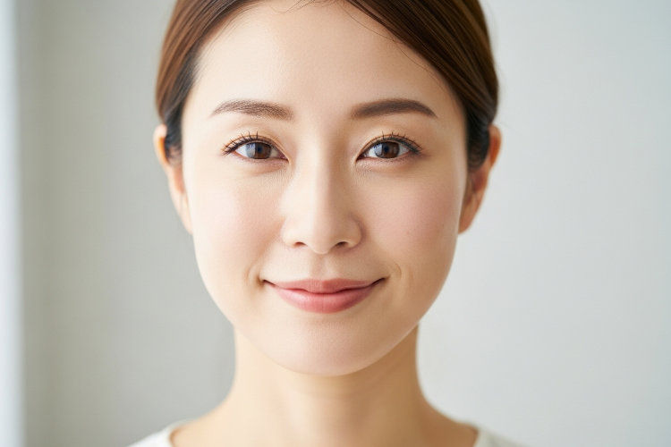 #肌をメイクする石鹸使用後の女性。肌が明るく、毛穴が引き締まっている。