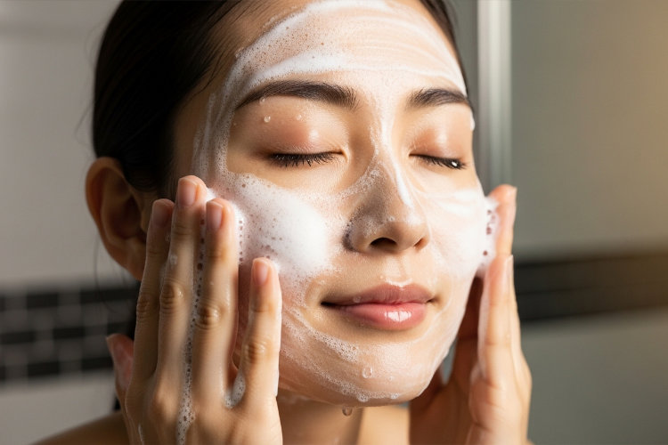 泡で洗顔している女性のクローズアップ。肌がしっとりと潤っている様子