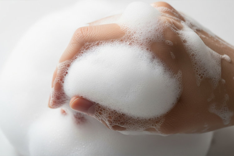 手で泡立てた、クリームのようなきめ細かい泡のクローズアップ