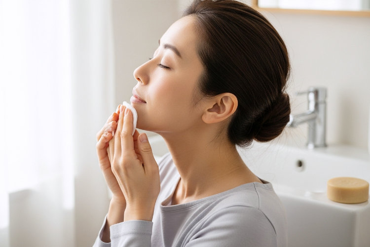 洗顔後、化粧水をコットンで優しく肌につけている女性