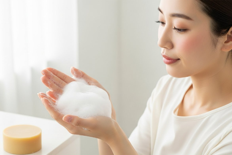 泡立てている女性と#肌をメイクする石鹸