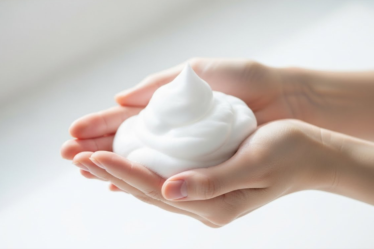 きめ細かい洗顔泡を手のひらに乗せる女性