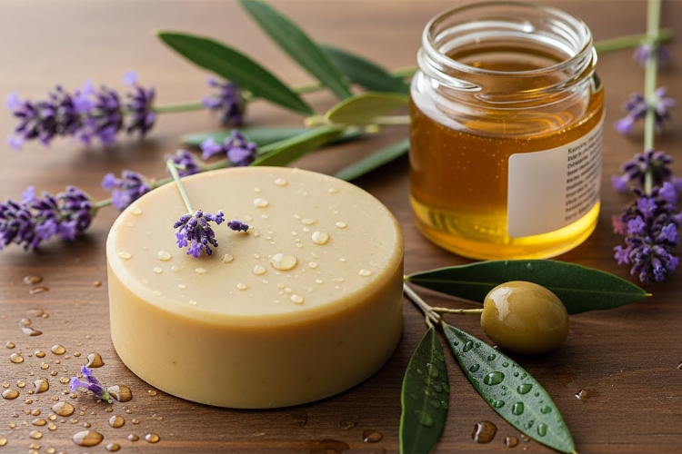 固形石鹸と、オリーブ、ハチミツ、ラベンダー、コラーゲンのイメージ