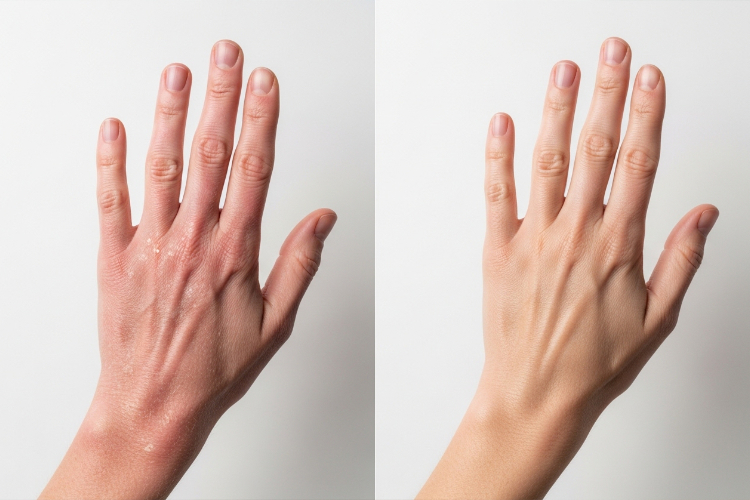 アトピー肌の乾燥した手と潤いのある手の比較写真