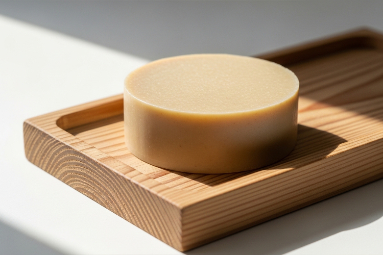 石鹸が木製のトレイに置かれているシンプルな写真