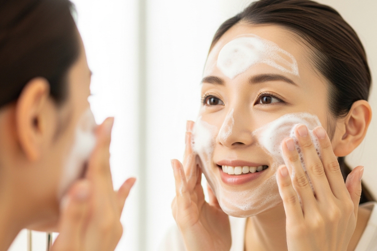 笑顔で泡洗顔する女性のリラックスしたシーン