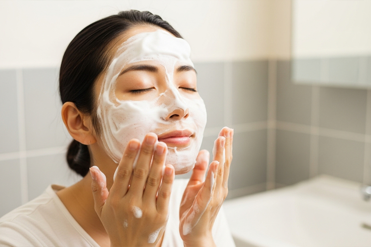 泡で洗顔する女性