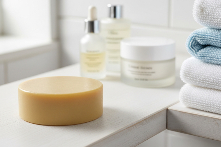 バスルームの棚に置かれた#肌をメイクする石鹸