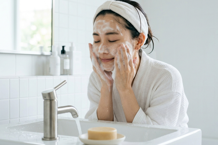 泡で優しく洗顔する女性。洗面台に天然石鹸が置かれている。