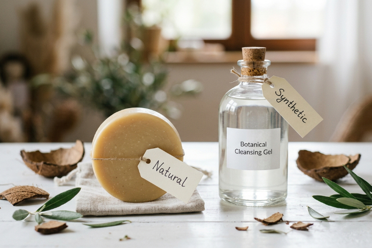 天然石鹸と合成界面活性剤の比較。天然素材が周りを飾る。