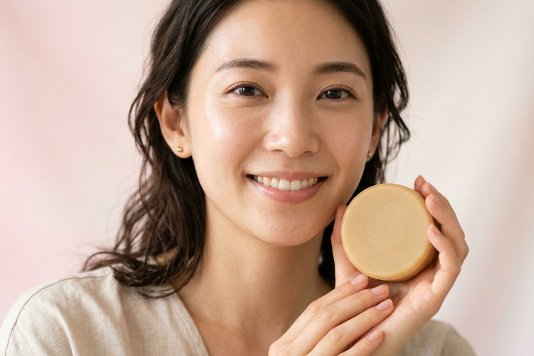 敏感肌の女性。潤った健康的な肌。手に天然石鹸を持っている。